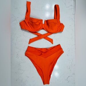 L Space Vibrant Orange Bikini Set, Camellia top and Court Bottom Bitsy high-cut
